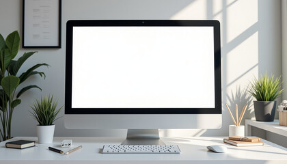Digital banner mockup on desktop screen, clean workstation setup