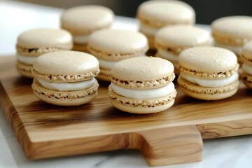 Obraz premium Delicate macarons arranged on wooden board, showcasing creamy fi
