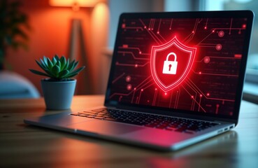 Open laptop screen shows bright red shield with padlock. Online security, data protection. Image ideal for tech articles websites about cyber security. Represents importance of safeguarding sensitive
