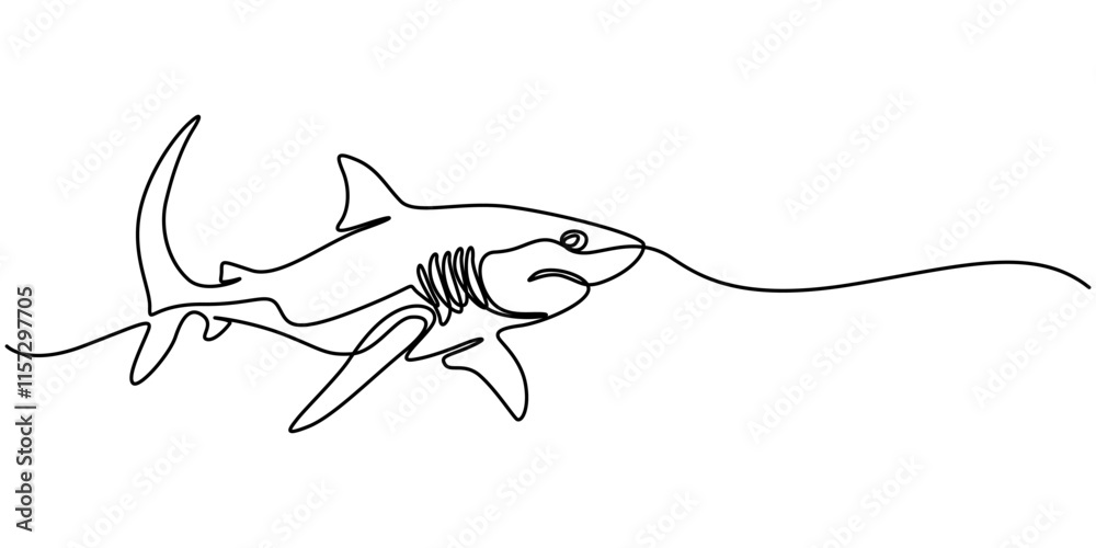 Poster shark continuous line drawing, one line drawing of a shark. graphic vector illustration of shark con