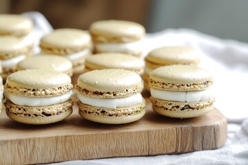 Fototapeta premium Delicate macarons arranged on wooden board, showcasing creamy fi