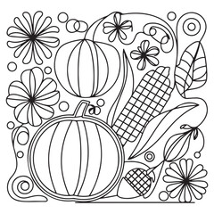 Autumn harvest vegetable pumpkin corn acorn flowers Autumn Fall season coloring illustration pages