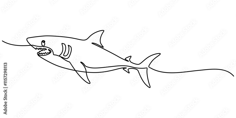 Poster shark continuous line drawing, one line drawing of a shark. graphic vector illustration of shark con