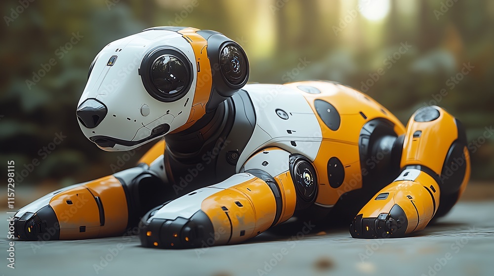 Poster Innovative robotic dog design blending technology and nature in serene setting : Generative AI