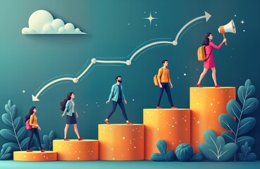 Illustration shows people progressing through career stages. Visual career development plan. Steps from entry-level to leadership roles depicted. People climb on cylinders representing career