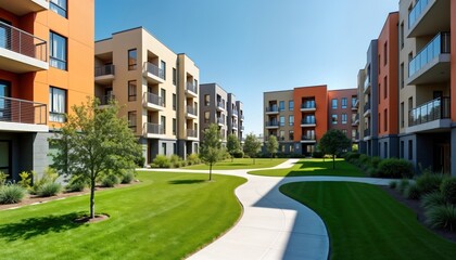Modern apartment buildings surround green courtyard. Colorful structures with balconies, well-maintained lawn. Peaceful urban residential area. Landscaping, building design suggest contemporary
