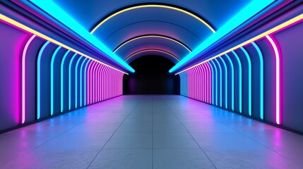 Neon lights glow softly on an empty stage, creating a lighting speed effect in the background.