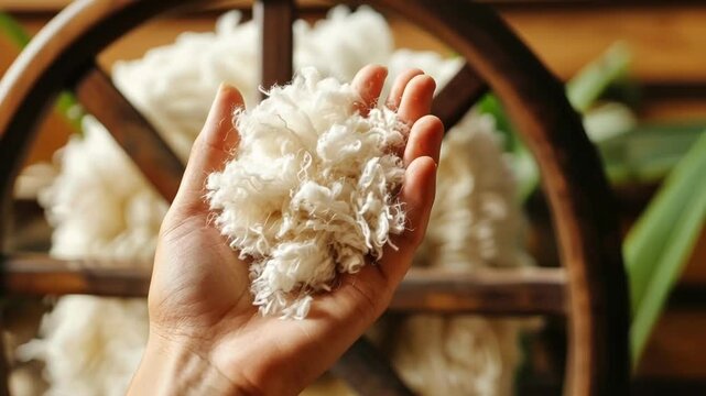 Woman artisan hands holding freshly prepared white wool material, with traditional wooden spinning wheel in background, ready for spinning and yarn creation