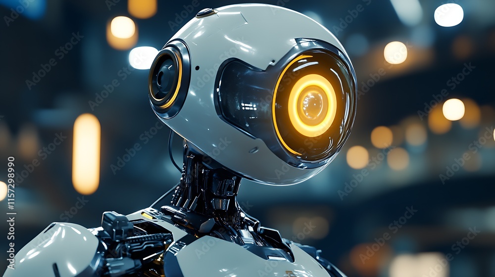 Poster Close-up of Advanced White Robot with Illuminated Eye in Blurred Background : Generative AI