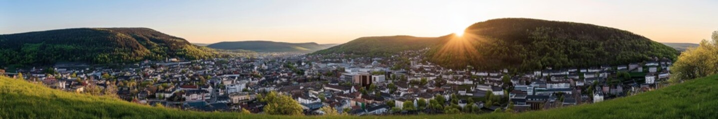 Panoramic View of a Charming Town With Hills at Sunrise Showcasing the Tranquil Morning Atmosphere and Serene Landscape