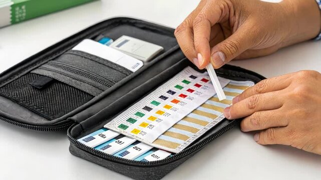 Checking Supplies A closeup of a hand inspecting a pouch of test strips ensuring that there are enough supplies before testing.