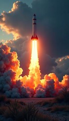 Missile rocket with blazing flame in the distance, atmosphere, military, explosion