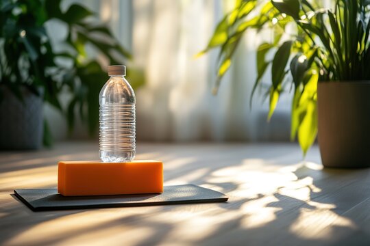 Bright sunlight casts gentle shadows on water bottle resting ato