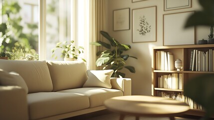Fototapeta premium Cozy Sunlit Living Room Interiordesign with Plants and Bookshelves for Modern Urban Apartment : Generative AI