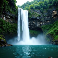 Fototapeta premium Misty veil rises from the base of a waterfall, atmospheric effect, nature, tropical
