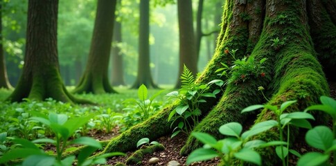 Fototapeta premium Moss covered tree trunks with ferns and wildflowers, green, ferns