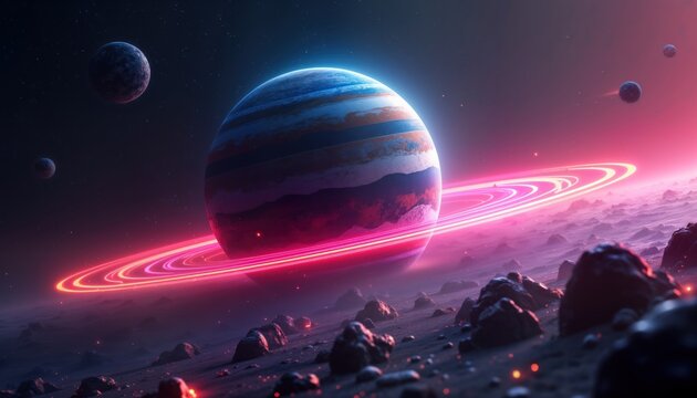 Futuristic space landscape shows planet with rings of neon light. Alien landscape, distant stars. Colorful glowing planet in deep space. Abstract sci-fi illustration. Cyberpunk aesthetic. Cosmic