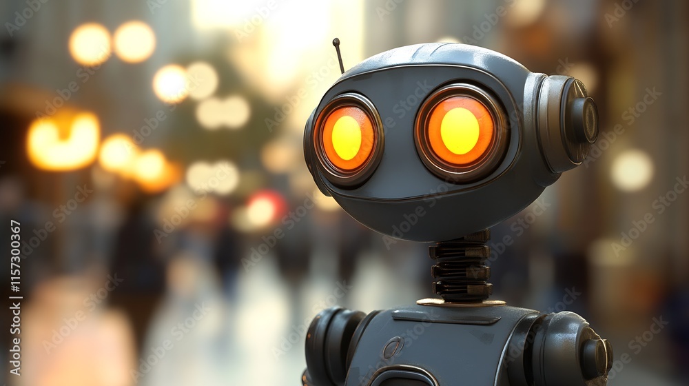 Poster Friendly Futuristic Robot With Glowing Eyes In Urban Setting At Dusk : Generative AI