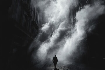 Mysterious figure stands alone amidst swirling fog in an urban l