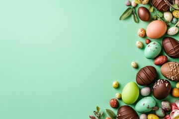 A vibrant collection of beautiful Easter eggs and luxurious chocolates on a mint background, enhancing the joy of celebrating the holiday with family and friends for a memorable occasion