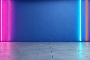 An abstract dark backdrop with glowing blue and pink neon lights, highlighted by neon lines, revealing an empty stage.