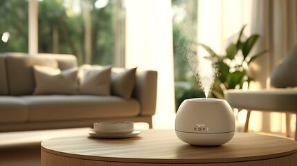 Fototapeta premium Elegant Aromatherapy Diffuser Enhances Relaxation in a Sunlit Modern Living Room Setting : Generative AI