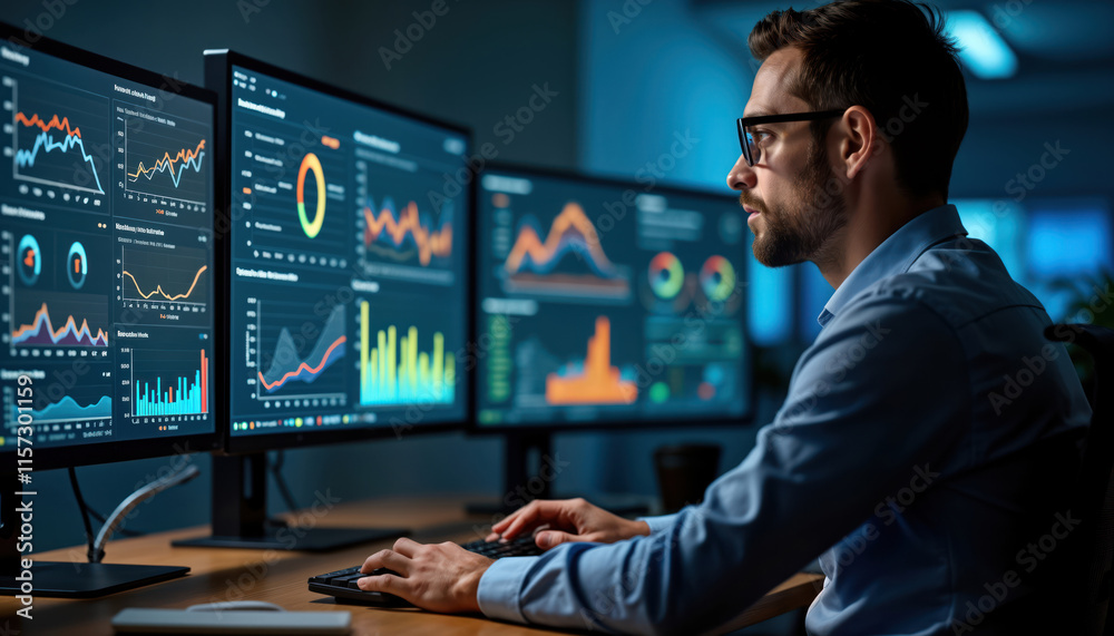 Poster Analyst reviews tech dashboards. Multiple computer screens display data visualizations. Business info analysis. Financial data management system connected. Operations, sales tech monitoring.