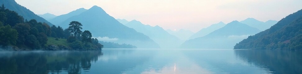 Serene mountain landscape with misty veil and peaceful lake surface, foggy mountains, stillness