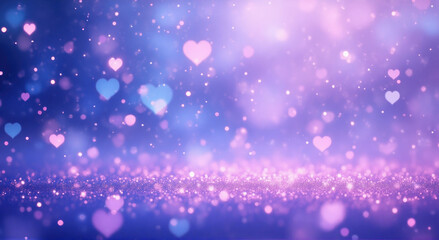 Fototapeta premium A dreamy scene in a gradient Blue Violet color with hearts and a glitter effect