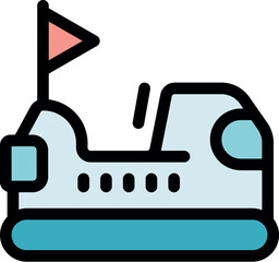 Colorful bumper car moving in amusement park ride with flag and lights, funfair entertainment attraction