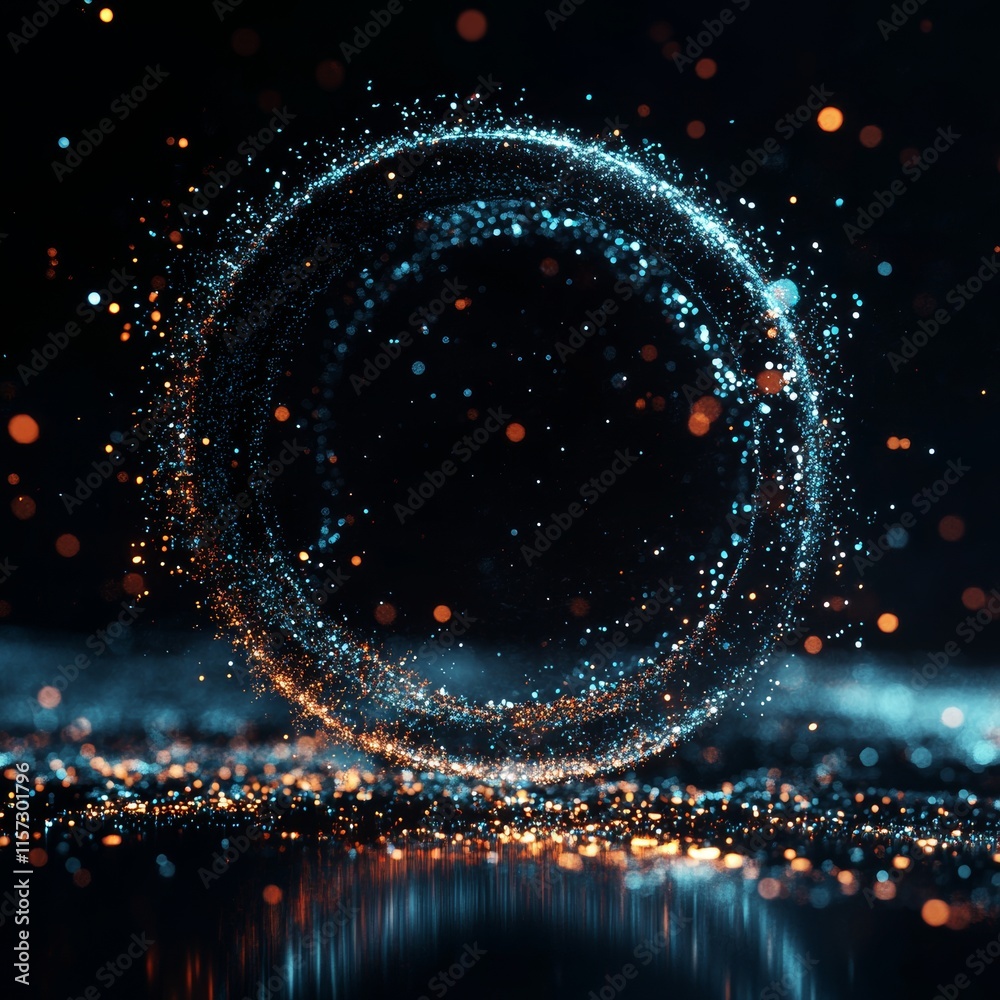 Poster Dynamic Circular Display of Vibrant Particles Illuminated Against a Dark Background in an Abstract Setting