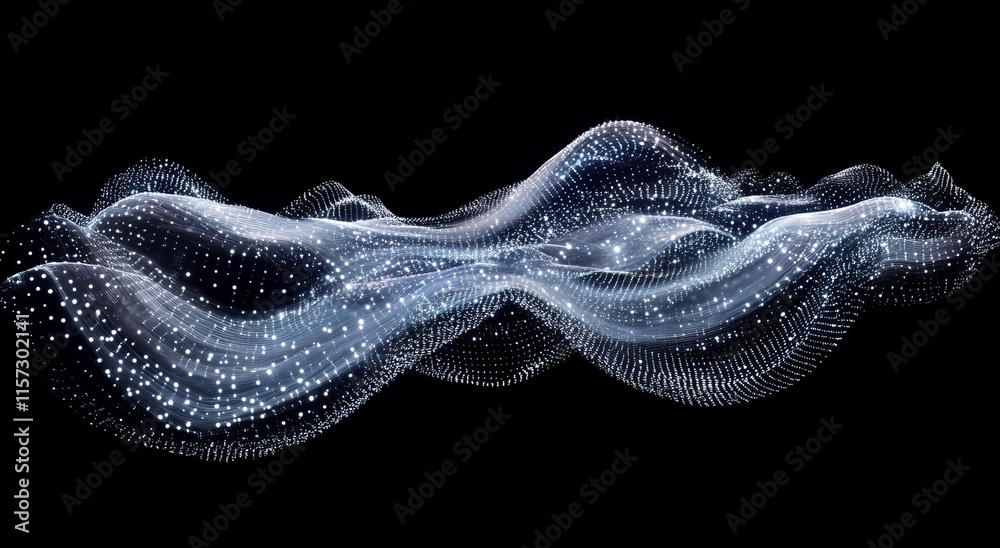 Poster abstract wave pattern displaying luminous dots flowing over a black background representing digital 