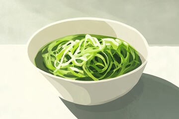 Fresh green noodles elegantly arranged in white bowl, bathed in