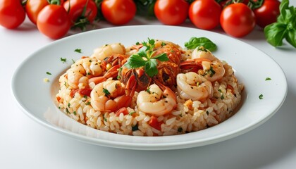 Elegant Seafood Paella Served on Round Plate with Fresh Tomatoes and Basil Leaves