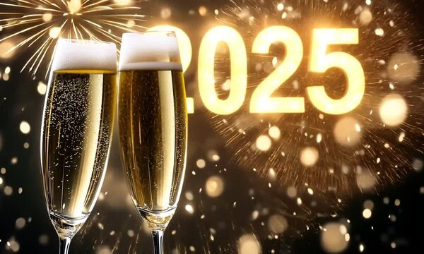 2 fl&ucirc;tes de champagne p&eacute;tillant devant les chiffres dor&eacute;s 2025, ambiance festive et &eacute;l&eacute;gante pour c&eacute;l&eacute;brations du Nouvel An