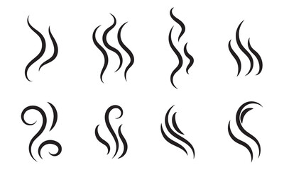 Smoke steam icon vector logo set. Smoke smell, steam aroma heat icon illustration. Hot vapor fire doodle line logo. Hit stink, coffee, fragrance flame elements. Vector illustration.