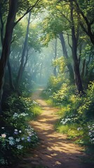Obraz premium Dreamy forest path A quiet woodland path bathed in soft morning light, evoking calm. HD phone wallpaper