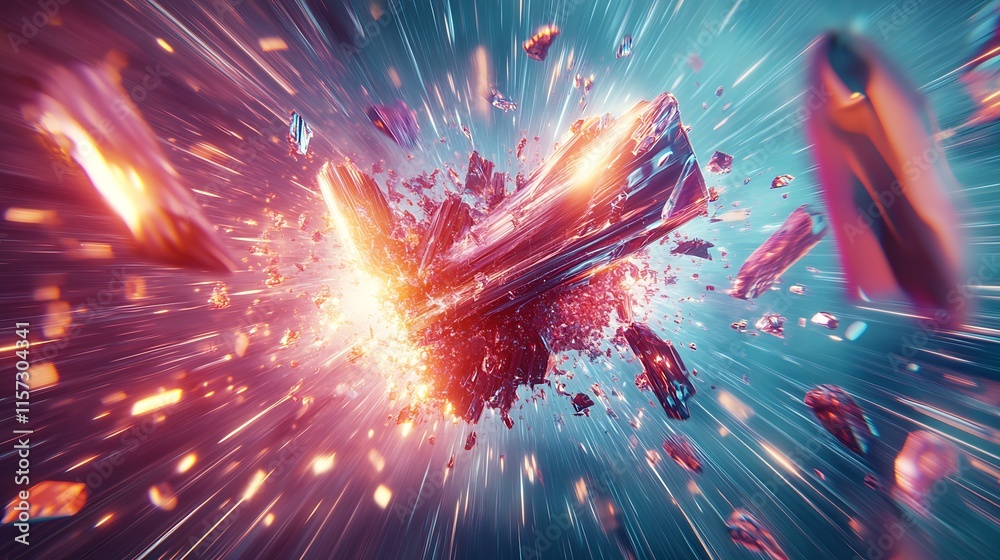 Poster energy-infused digital explosion of glowing fragments illuminating a futuristic space setting : gene