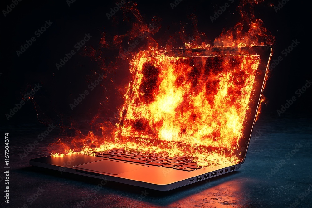 Aufkleber Modern laptop aflame representing tech failure and overheating issues : Generative AI