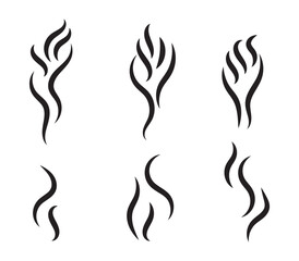 Smoke steam icon vector logo set. Smoke smell, steam aroma heat icon illustration. Hot vapor fire doodle line logo. Hit stink, coffee, fragrance flame elements. Vector illustration.