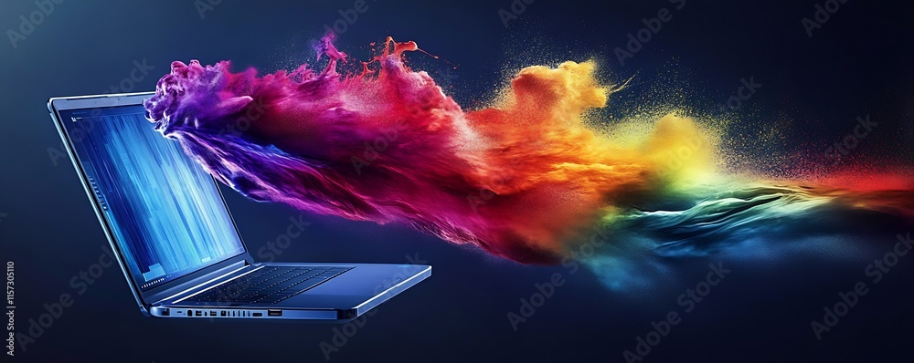 Poster Visual representation of a laptop emitting a vibrant cloud of colors symbolizing creativity and digital transformation : Generative AI