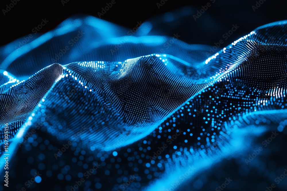 Poster vibrant blue digital waves creating a dynamic visual representation of sound or data in a dark envir