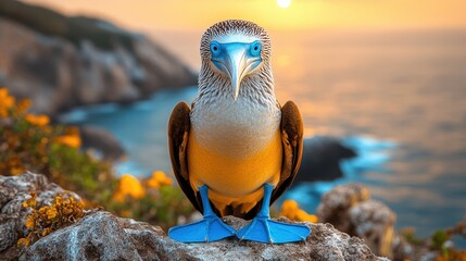 Blue-footed booby bird perched on rocks at sunset.