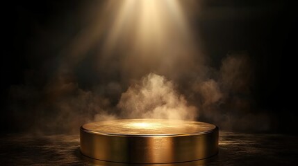 A golden podium with smoke on a dark background, a spotlight shining down onto the center of it.