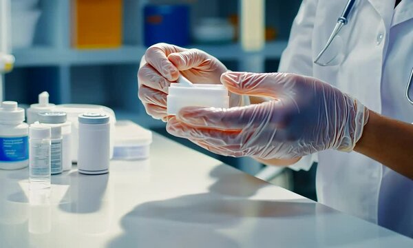 Scientist mixing a cream in a laboratory setting.