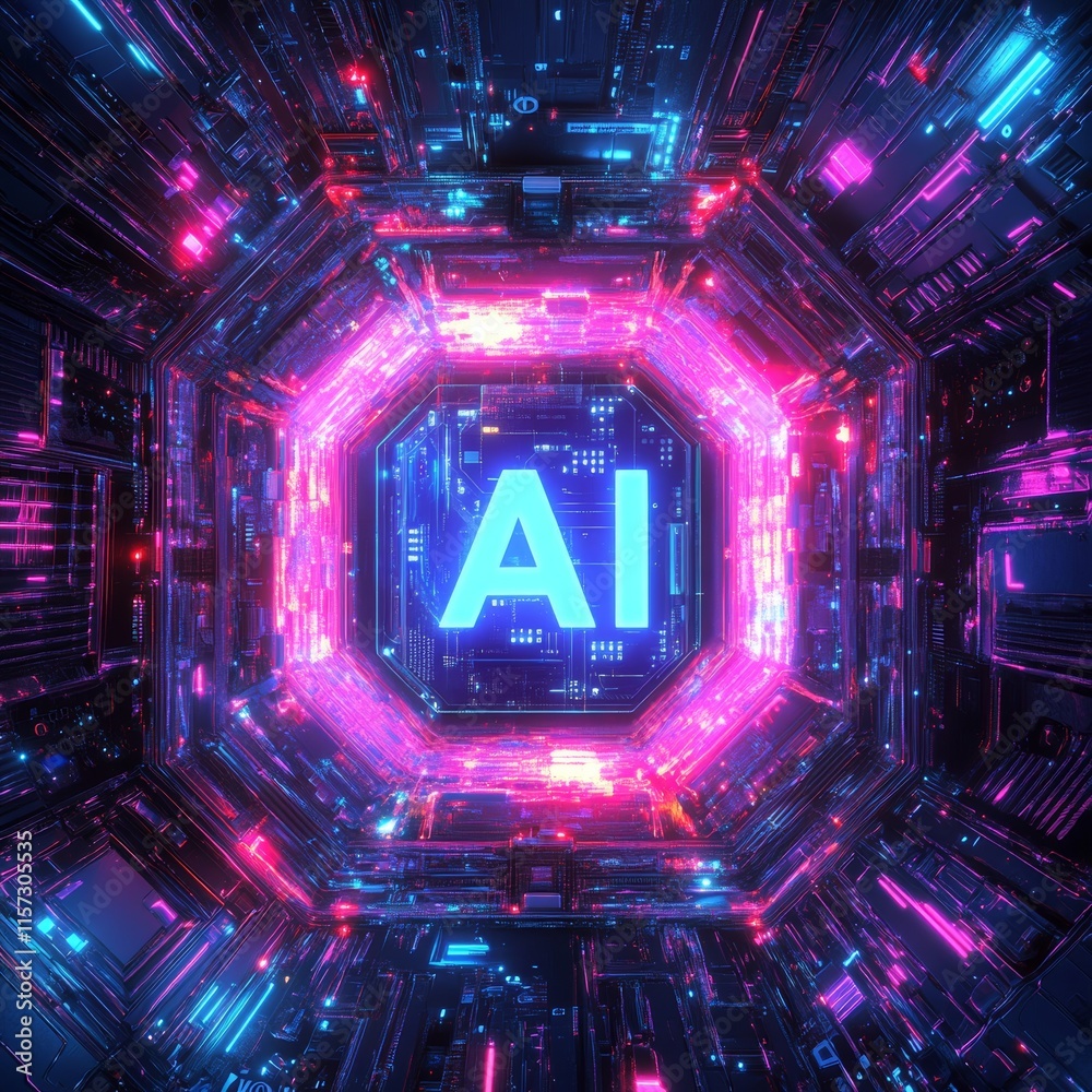 Aufkleber Visual Representation of Artificial Intelligence in a Futuristic Digital Environment With Vibrant Neon Lights and a High-Tech Aesthetic