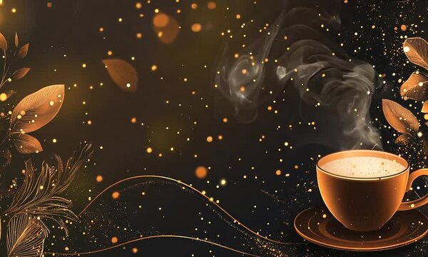 Elegant golden leaves and coffee cup with smoke on dark background for Adobe Stock design preview