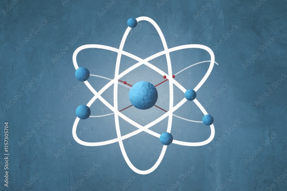 Poster A stylized atom model with orbiting electrons illustrating atomic structure and quantum physics.