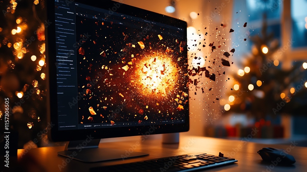 Poster explosive digital art on computer screen capturing festive holiday spirit : generative ai