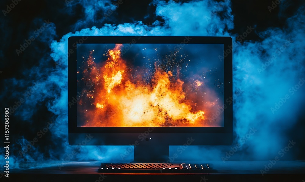 Poster Intense Flames and Smoke Emanating from Computer Highlight Cyber Threats : Generative AI